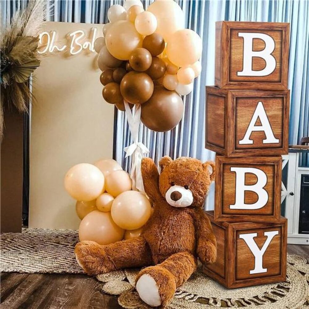 Baby Shower Boxes Party Decorations - 4 Wood Grain Brown Blocks with Baby Letter